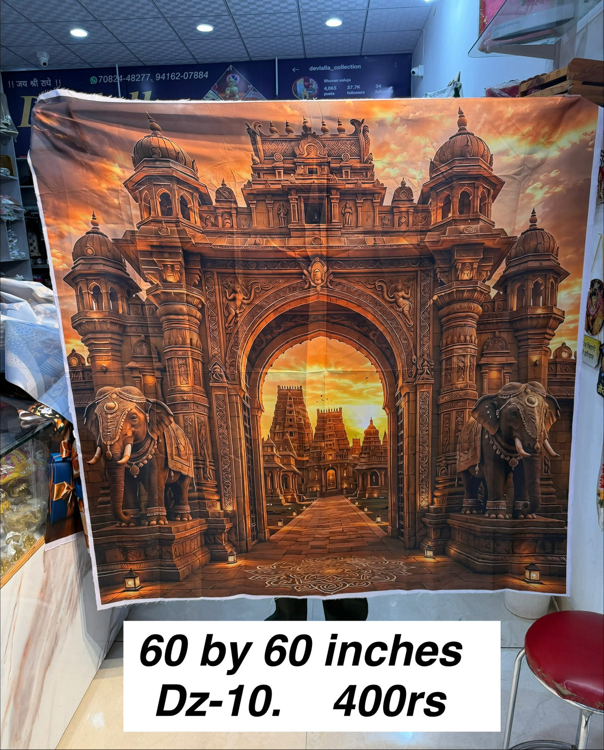 Royal Temple & Elephant Decorative Washable Backdrop – Premium Mandir Design | 60×60 Inches